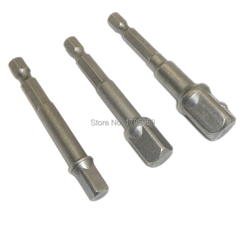 3pc Power Drill Socket Adapter Set Quick Change 1/4" Hex Shank To 1/4" 3/8" 1/2" Square Driver