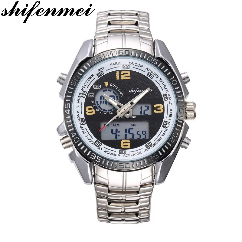 

shifenmei 1128 men luxury brand watch Double Movement Quartz Wrist Watch Stainless Steel Bracelet Mens gift watches silvery