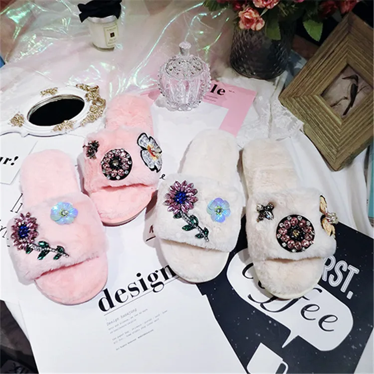 Women Indoor Slippers Shoes Flower Bee Rhinestone White Crystal Shoes Princess Ladies Autumn Winter Warm Plush Slippers M8G15 (20)