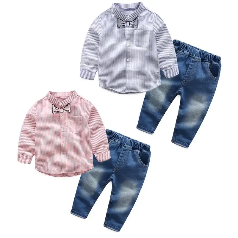 

Spring Autumn Boys Clothes 2pcs Vertical Long Sleeve Shirt + Denim Pants Handsome Gentleman Suit Hot Boys Clothing Sets