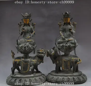 

old chinese bronze gilt wenshu Manjushri Samantabhadra ride elephant lion statue