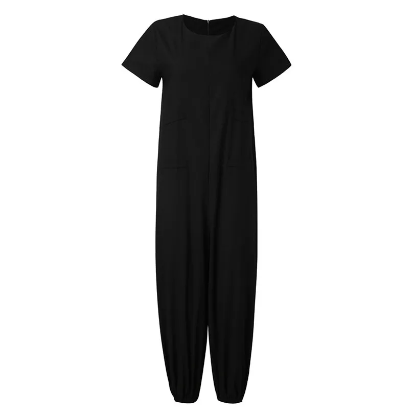 New Women Summer Casual O-Neckline Solid Romper Short Sleeve Zipper Loose Jumpsuit Elegant Beach Holiday Dropshipping #4A29 (10)