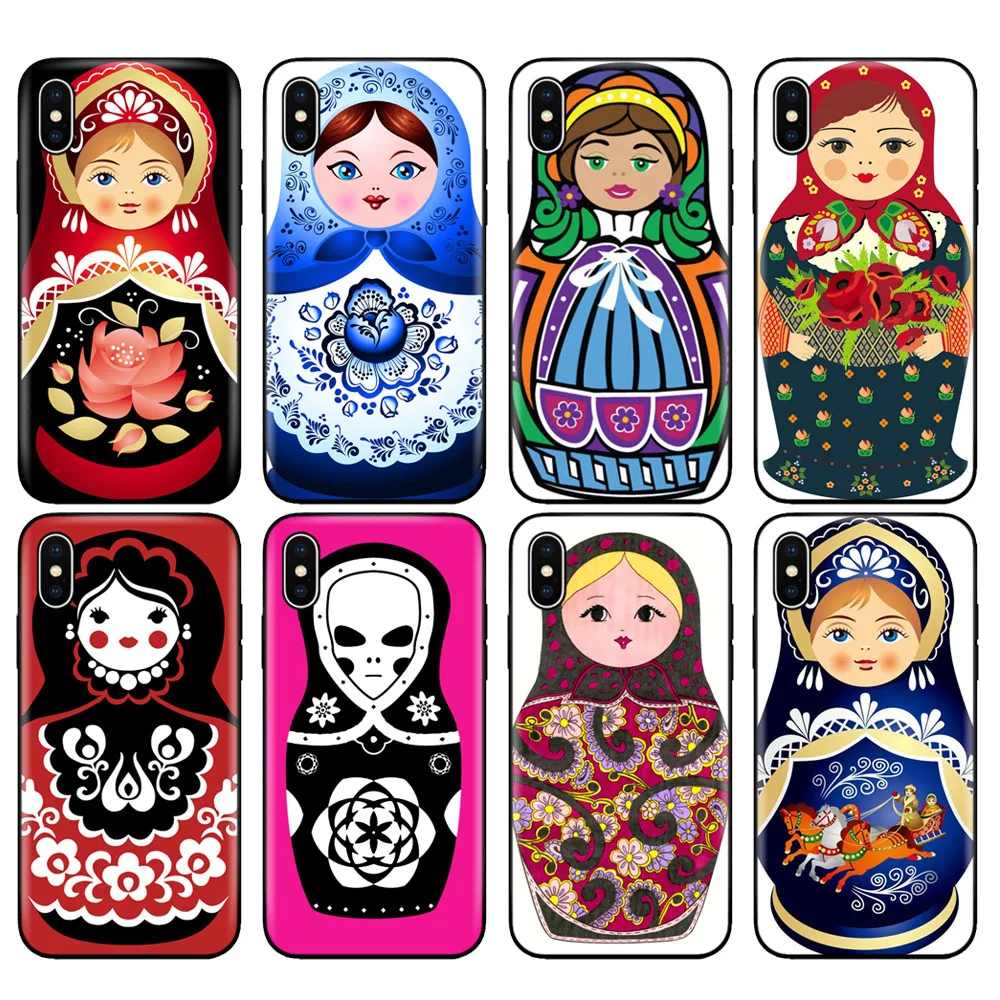

Black tpu case for iphone 5 5s se 6 6s 7 8 plus x 10 case silicone cover for iphone XR XS MAX case Russian dolls Flower