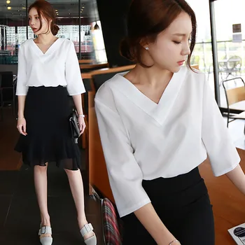 

Women Summer Chiffon Shirts 3/4 Sleeves V Neck Loose Pullover Female Tops BMF88