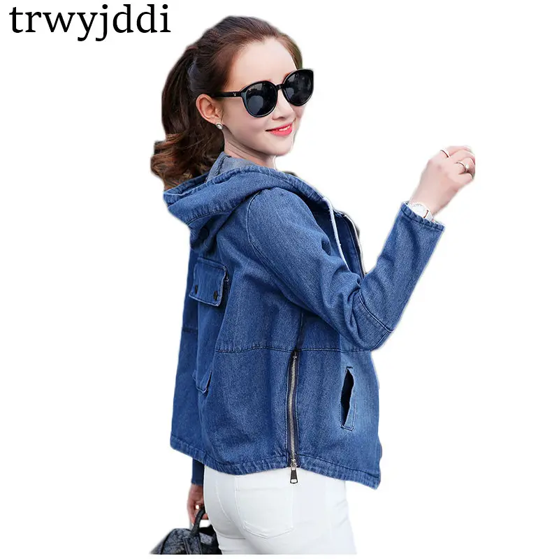 

Spring Autumn Fashion New Women Cowboy Short Korean Denim Jackets Drawstring Female Casual Hooded Loose Pocket Jacket Coat hl169