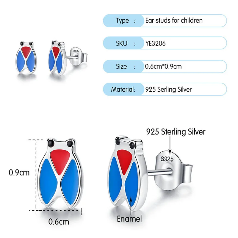 ELESHE New Fashion 925 Sterling Silver Blue Enamel Insect Cicada Stud Earrings For Women Kids Child Jewelry brincos bijoux