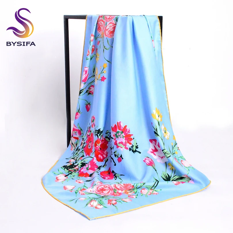 

[BYSIFA] Twill Silk Scarf New Brand Ladies Square Scarves Wraps Spring Accessories Light Blue Floral Mulsim Head Scarf Cape