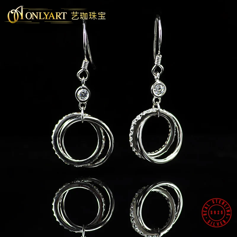 

OnlyArt free shipping 100% 925 solid silver dangle earring with AAA cubic zircons round fish hook earring