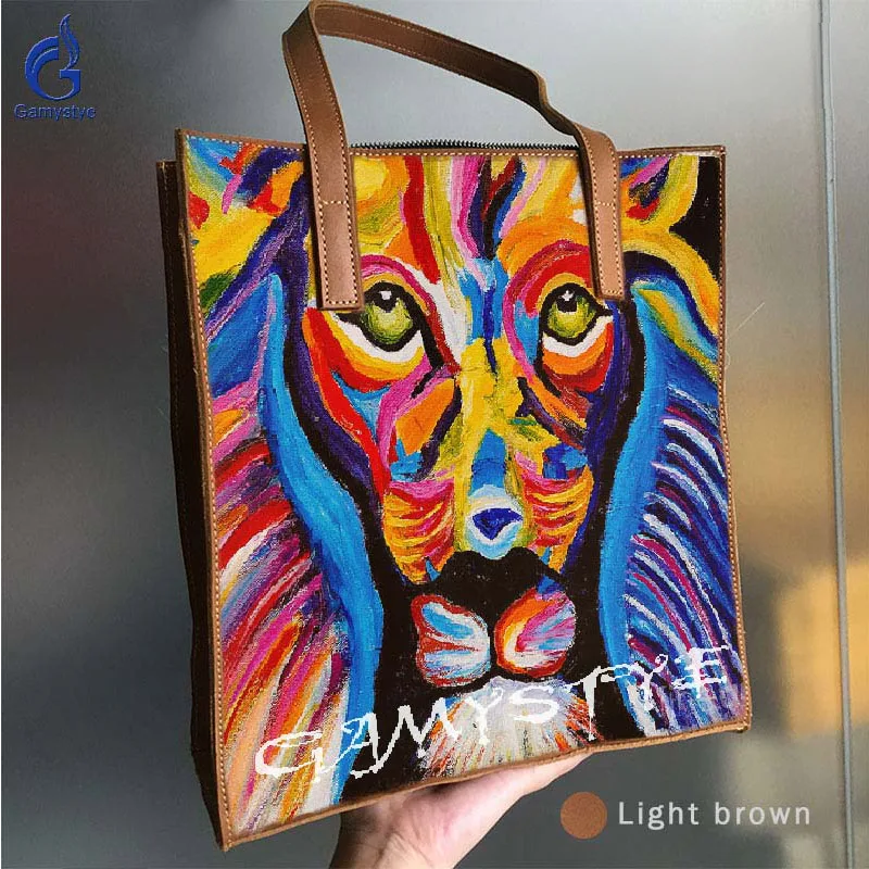 Top Classic Brand Women's Tote Bag Cowhide Large-capacity Tote Bag Genuine Leather Soft Luxury Handbag Printed Art Griffiti LION