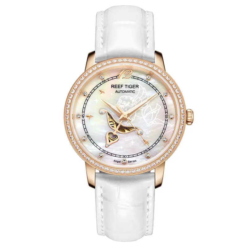 Reef Tiger/RT дизайнерские модные женские часы Reloj Mujer MOP Dial бриллианты Автоматическая телячья кожа водонепроницаемые часы RGA1550 - Цвет: 3