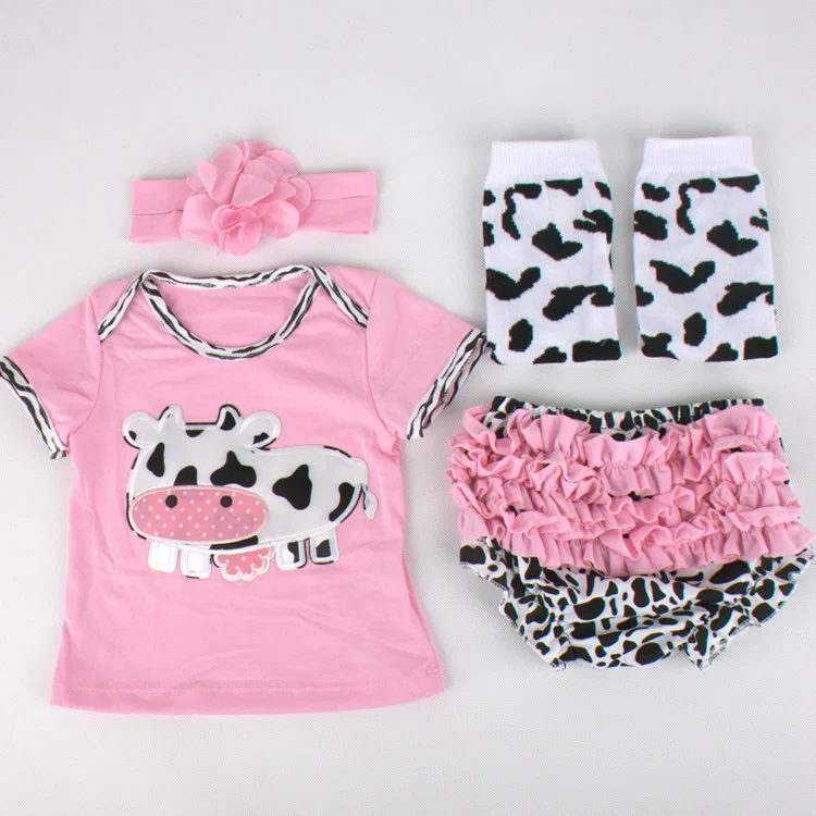 

Popularbaby girl t-shirt+bloomer+Headband+leg warmer Summer-Autumn style Lovely cow Newbron baby girl Clothing Set