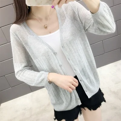Fashion 2019 New spring and summer V-collar hollow thin bright light silk iced hemp knitted women's cardigan |