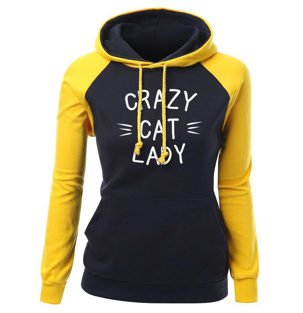Очаровательные кофты с капюшоном с принтом CRAZY CAT Леди Для женщин Спортивная Новое поступление осень-зима Флисовые Кофты с рукавами-реглан с капюшоном для Для женщин - Цвет: yellow black