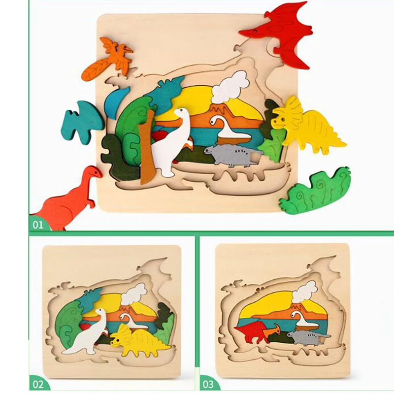 Детские развивающие деревянные игрушки Многослойные классические Мультяшные 3D Животные головоломки Подарок для ребенка деревянный пазл, игрушки для детей