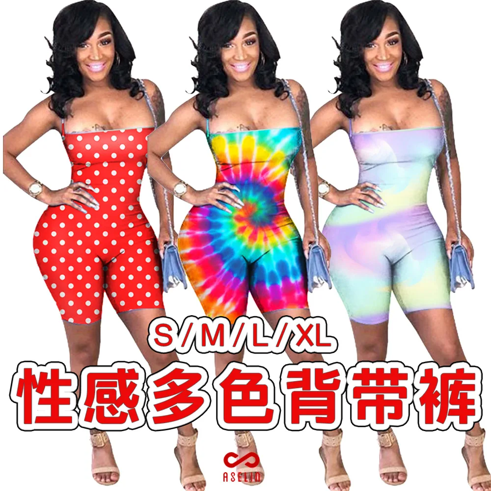 الربيع الصيف المرأة بذلة Bodycon Playsuit ارتداءها وزرة السروال القصير بالاضافة الى حجم الملونة طباعة حزام جمبسوت/ بدلة الجسم المثيرة