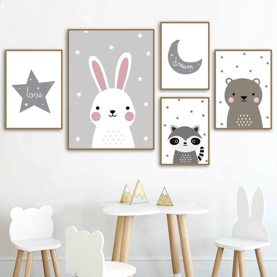 Star-Moon-Rabbit-Bear-Raccoon-Wall-Art-Print-Canvas-Painting-Nordic-Poster-And-Prints-Cartoon-Wall
