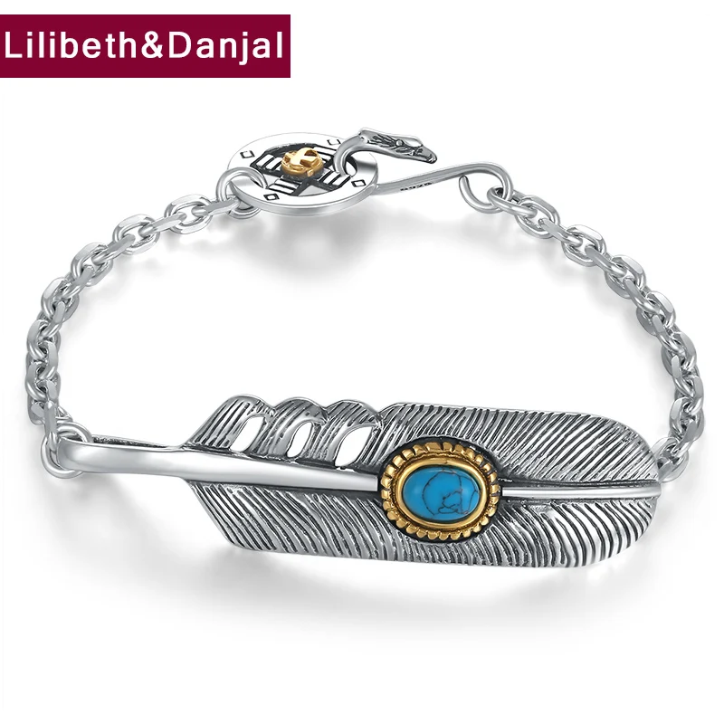 

2019 Inlaid Turquoise Feather Eagle Couple bracelets Bangle 100% Real 925 Sterling Silver Jewelry for Men Women Bracelet 925 B41