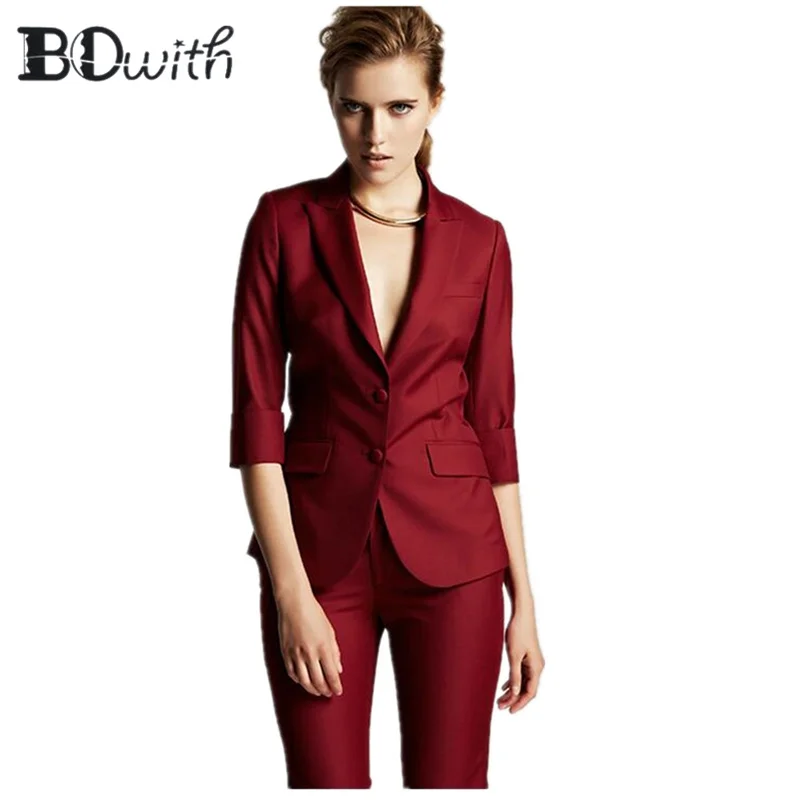 High Quality Burgundy Women Pantsuits Work Pant Suits OL 2 Piece Sets Women Blazer Jacket & Pencil Pant Suit For Women Set
