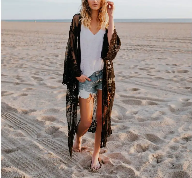 Женский винтажный кардиган кимоно Boho кружевная блузка с длинным рукавом длинное