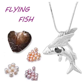 

Fashion Hot Sale Flying Fish sahpe Plated sliver cage pendant oyster Pearl snake chain birthday gift for women and girls PO77