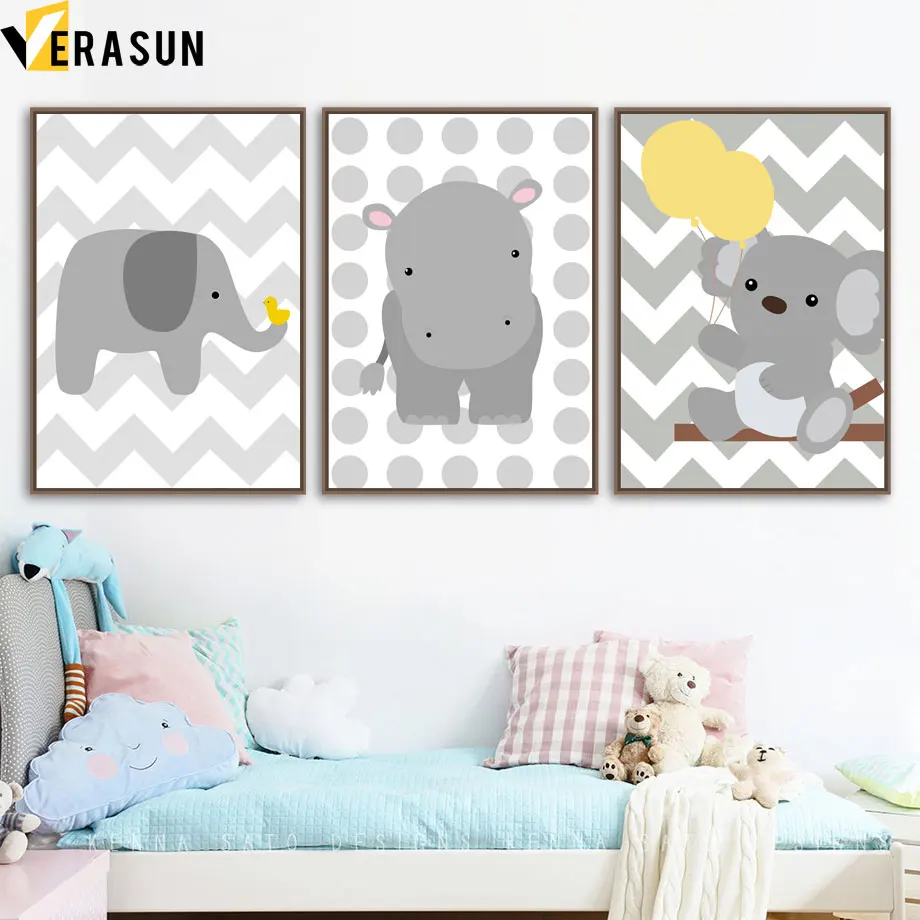 

Cartoon Koala Hippo Elephant Balloon Nordic Posters And Prints Wall Art Canvas Painting Pop Art Wall Pictures Kids Room Decor