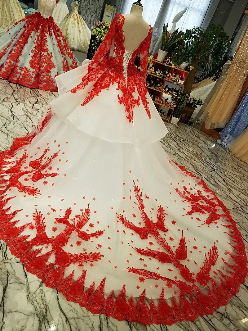 Свадебное платье для невесты с коротким рукавом и v-образным вырезом, роскошное красное кружевное платье с вышивкой и длинными рукавами, благородное бальное платье