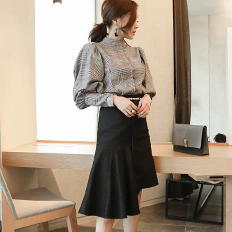 CHICEVER 2018 Spring Plaid Women Shirt Blouses Top Lantern Sleeve With Bow Slim Stand Plus Size Shirts Blouse Clothes Fashion