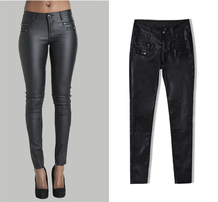 European and American women's hot style low waist slim foot PU leather trousers double zipper (7)