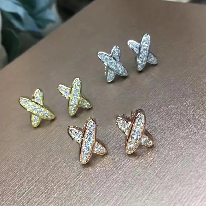 

Brand Pure 925 Sterling Silver Jewelry For Women Small Cross Earrings X Design Earrings Gold Color Stud Earrings Party Jewelry
