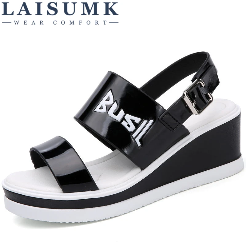 

LAISUMK Platform Sandals Women Leather Shoes Wedge High Heel Female Black Sandals Buckle Graffiti Ladies Summer Shoes Fashion