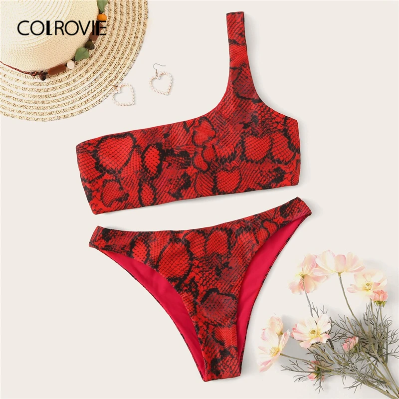 one shoulder snakeskin bikini