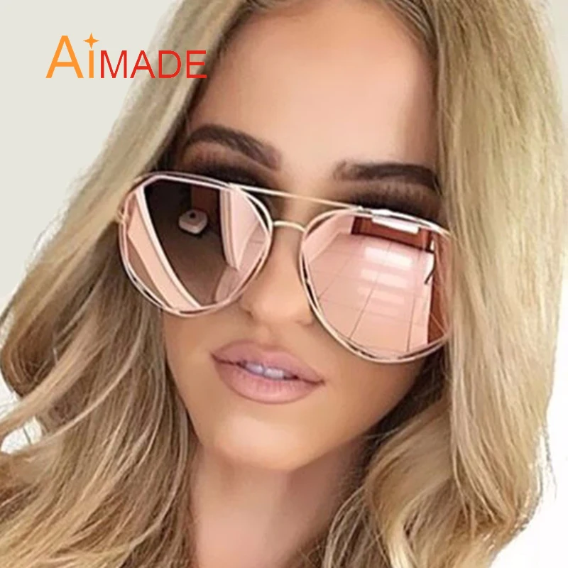 

Aimade 2018 New Hexagon Aviation Sunglasses Women Superstar Men Brand Designer Stylish Pilot Pink Mirror Sun Glasses Lady UV400