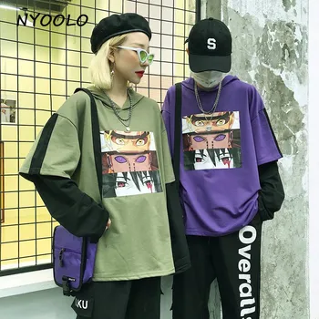 

NYOOLO Harajuku style Cartoon comic print Hoodies patchwork fake 2 piece Hooded pullovers Sweatshirt women/men clothing tops