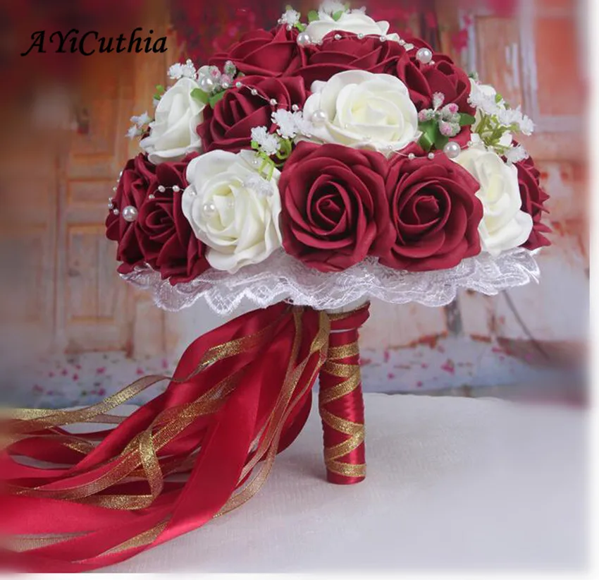 Бордовый Букеты Свадебные розовый/красный/белый/бордовый свадебный цветок искусственный цветок «Роза» букет невесты AA130