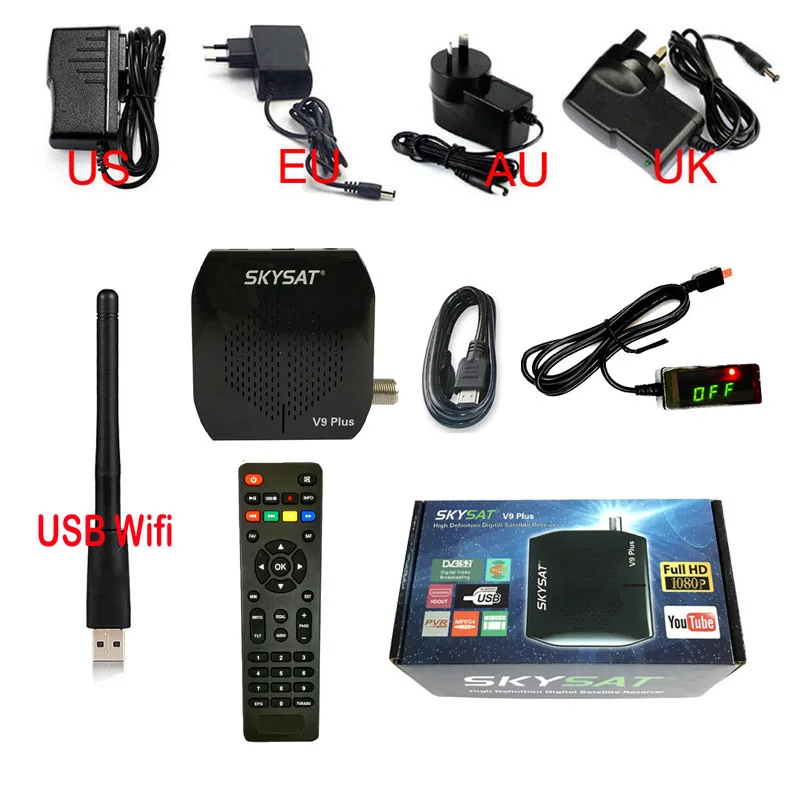 [Бразилия] SKYSAT V9 Plus Full HD DVB-S2 цифровой спутниковый ресивер ТВ Декодер коробка WiFi Youtube Cline Newcamd Vu Biss телеприставка - Цвет: With USB Wifi