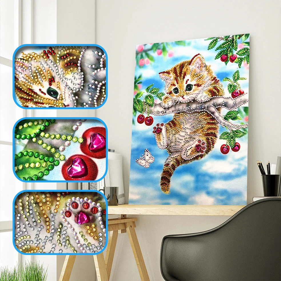 

Lovely Cat Climbed The Tree And Butterfly Special Shaped Diamond Painting Needlework Rhinestone 5D Drill DIY Crystal Painting