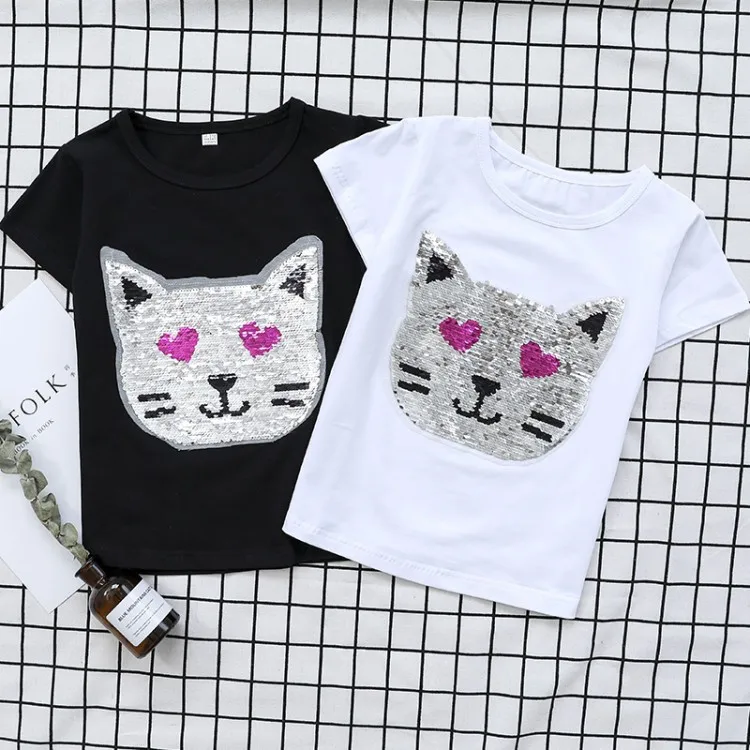 T-Shirts Cotton Girls Cool Things Cat Changing T Shirt Flip Sequin Shirt Reversible Sequin Kids Girls Tops 1