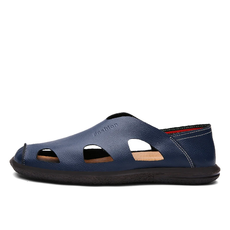 

Summer Hollow Hole Men's Sandals Spring Solid Genuine Leather Soft Men Footwear Flat Casual Breathable Slip On Man Shoes