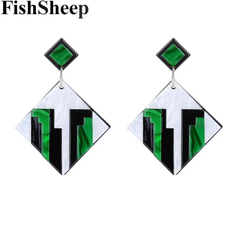 FishSheep, большие квадратные акриловые висячие серьги, Boho, зеленый цвет, кислотная смола, сшивание, висячие серьги для женщин, модные вечерние ювелирные изделия