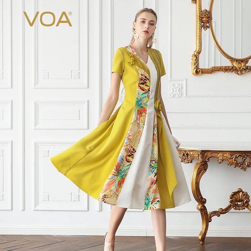 VOA Silk Party Dresses Women Summer Yellow Midi Dress 3D Printed V Neck Boho Slim Large Size Sweet Elegant Short Sleeve A731 | Женская