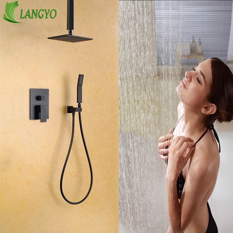 LANGYO латунный черный набор для душа для ванной комнаты " 10" 1" насадка душа кран настенный душевой рычаг перепускной смеситель настенный душ