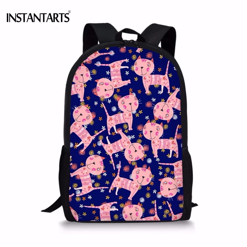 

INSTANTARTS Cartoon Pink/Yellow Cat/Kitty Printed Woman Backpacks Cute Students School bags Casual Laptop Bagpack for Teen Girls