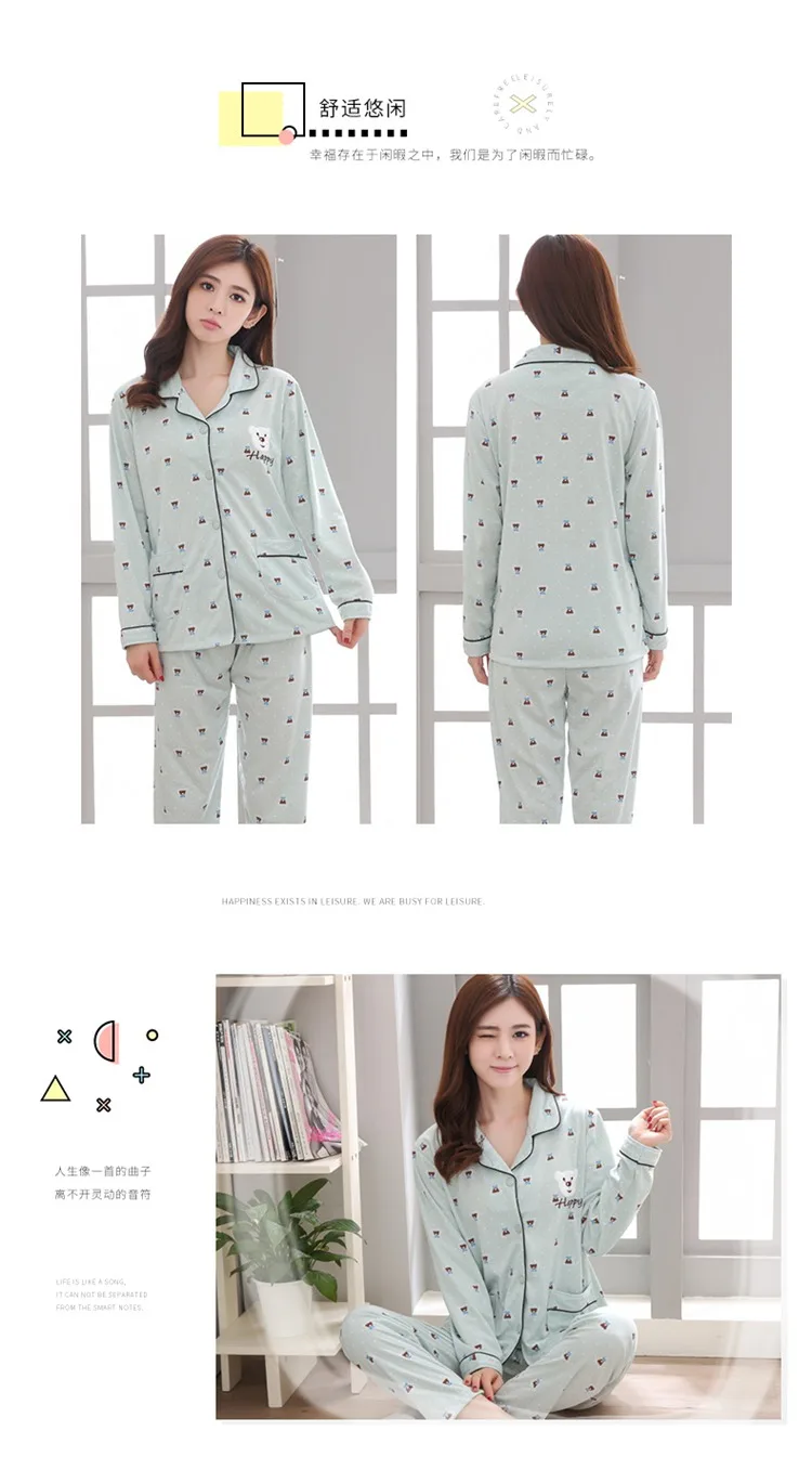 Пижамные комплекты размера плюс из хлопка для женщин, весенне-осенняя пижама с длинным рукавом и принтом, домашняя пижама, одежда для женщин