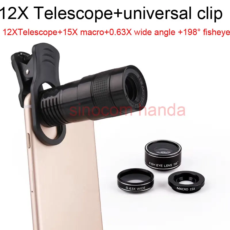

Clip-on 12x Optical Zoom Mobile Phone Telescope Lens HD Telescope Camera Lens&Wide Angle&Macro&Fisheye For Universal Phone Lens