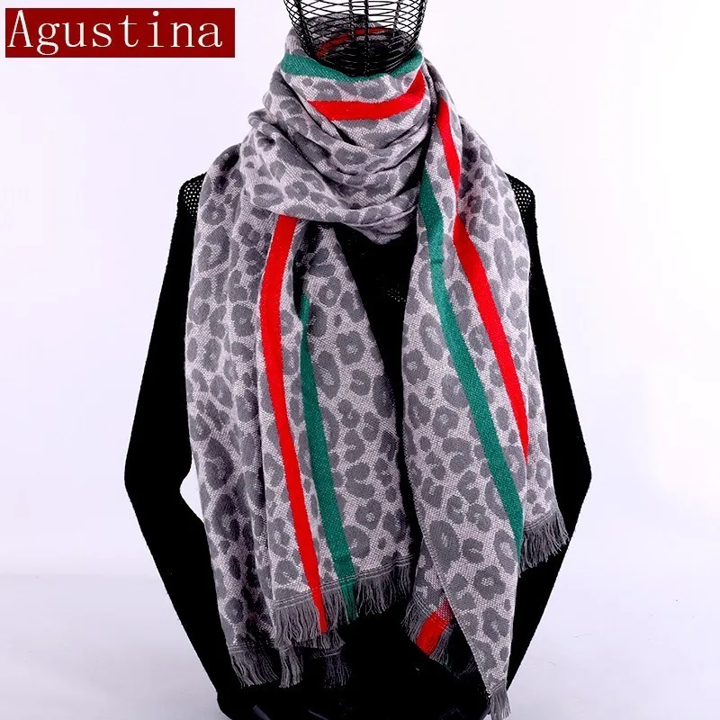 Кашемировый шарф с красными зелеными полосками, зимняя женская модная шаль с леопардовым принтом, шарфы с кисточками, роскошный брендовый теплый хиджаб, накидка пашимина - Цвет: Серый
