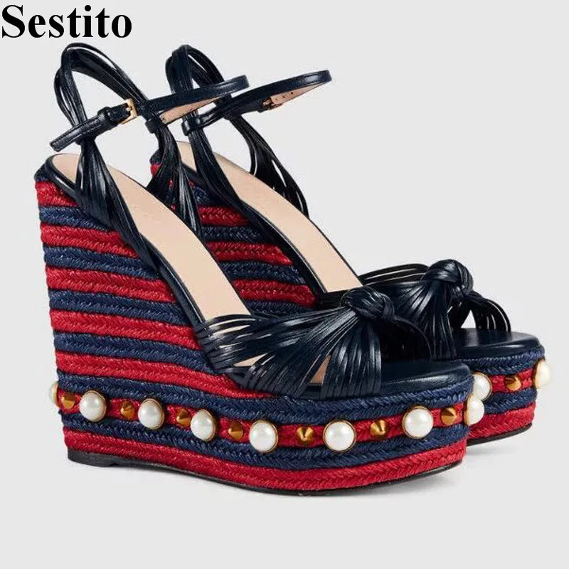 

Fashion Black Cross-tied Casual Sandals Narrow band Peep Toe Pearl Rivet Straw Wedges Women Sandals Summer Hot Sale Women Shoes