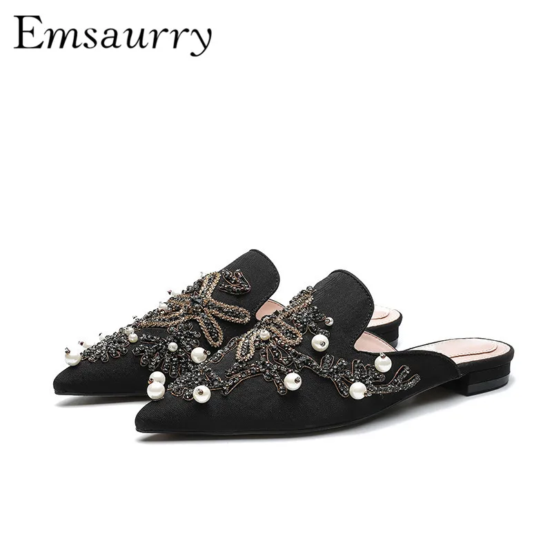 

String Bead Mules New 2018 Fashion Bling Rhinestone Point Toe Flat Slippers Women Zapatos De Mujer