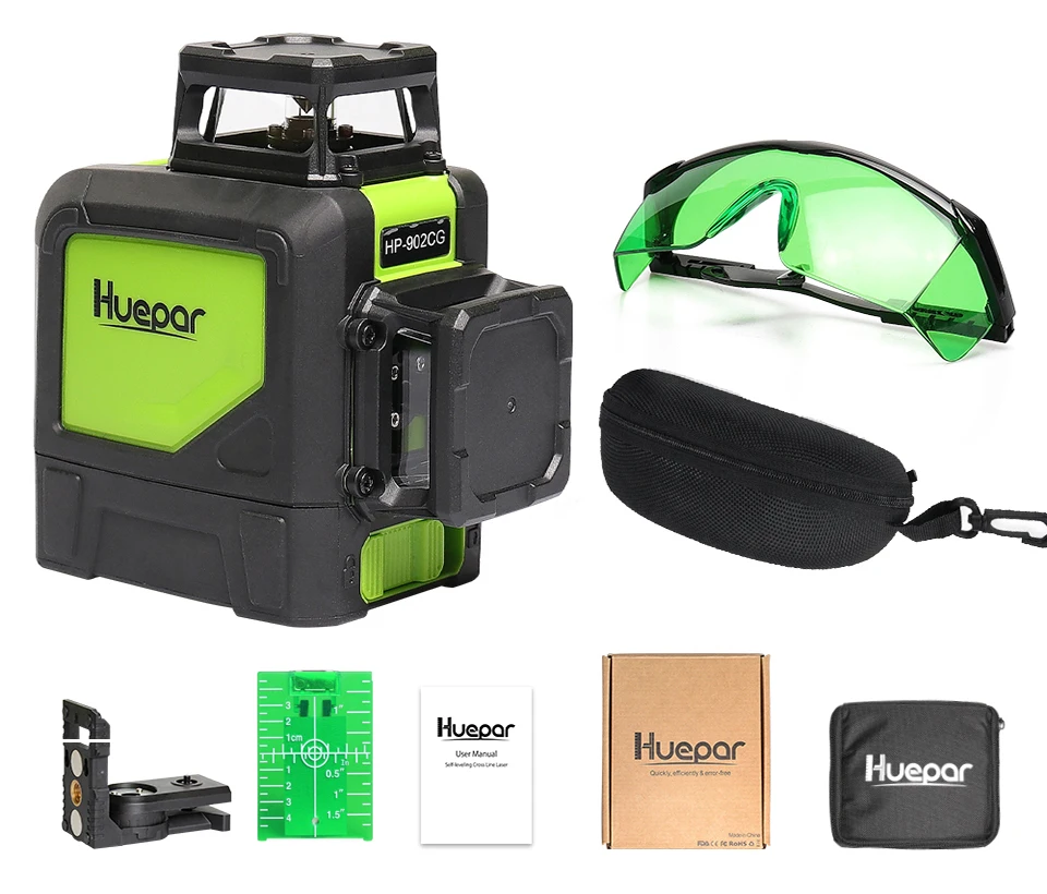 Huepar Self-leveling Professional Green Beam Cross Line Laser 360 градусов с импульсными режимами + Huepar зеленые лазерные очки для увеличения