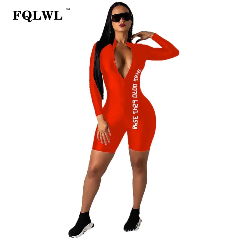 FQLWL Черный Bodycon сексуальный комбинезон короткий для Для женщин с длинными рукавами комбинезоны для фитнеса Для женщин s Комбинезон Женский Уличная Playsuit Для женщин - Цвет: Красный