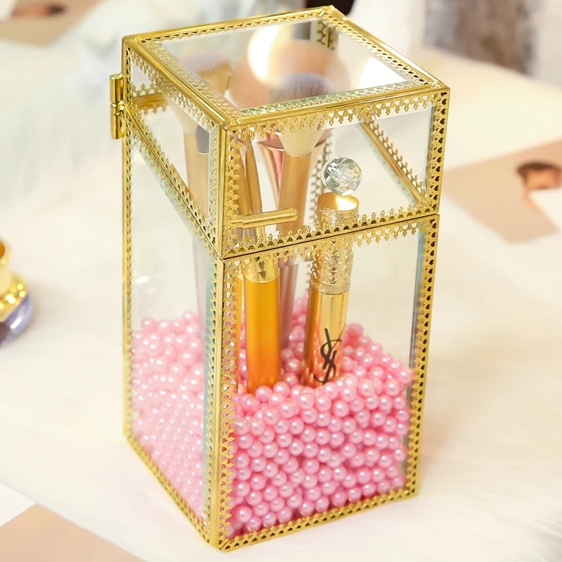 

Gold Glass Makeup Brushes Organizer Cosmetic Box With Pearls Gld Glass Sand Beads Makeup Brushes Holder Storage Organizer C218